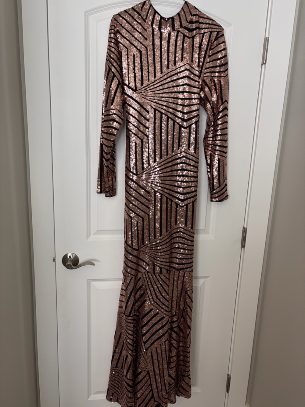 Simply Be Rose Gold Sequin Maxi Dress with Black Geometric Stripes